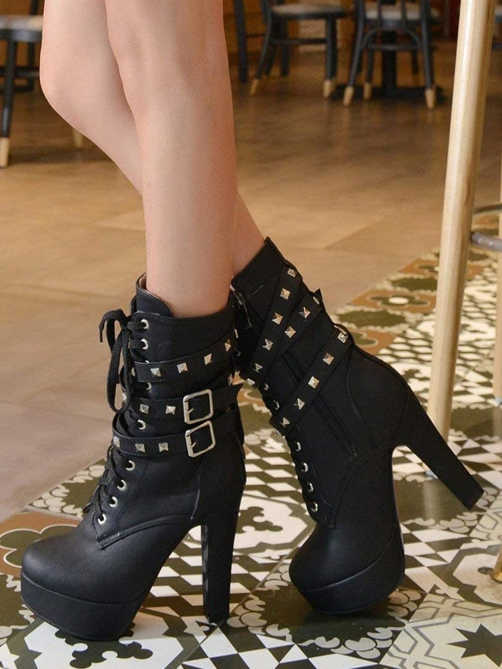 3/$30 Black Studded Platform Ankle Boots - Women's High Heel Booties